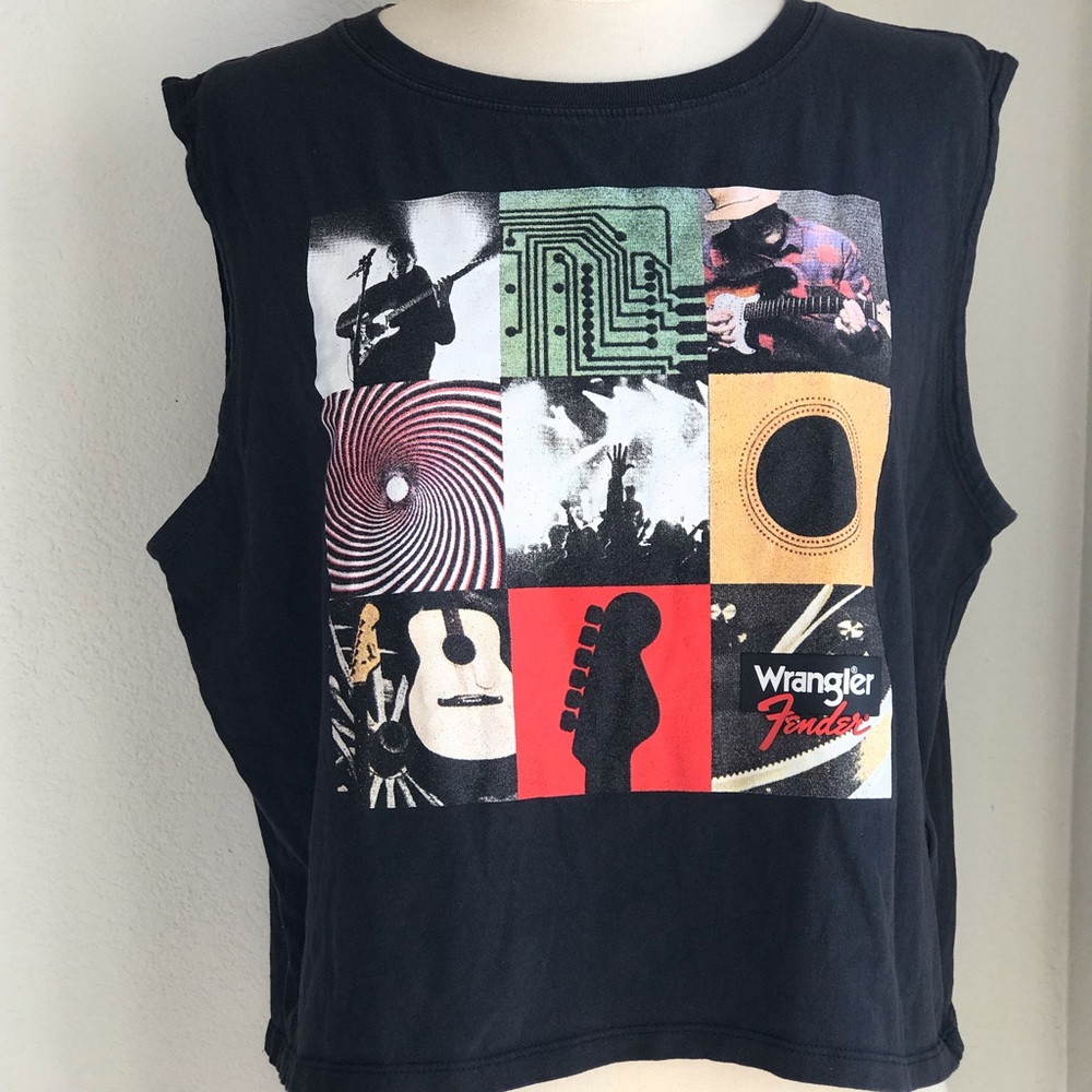 Wrangler x Fender Sleeveless Cropped Top Tank Top Distressed Album Cover size L